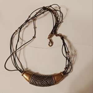 Chicos Signed Necklace Silver & Gold Slide Pendant on Black Multi-Cord Strand